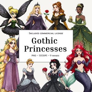 Paquete de imágenes prediseñadas de princesas góticas: PNG de cuentos de hadas oscuros (descarga instantánea)