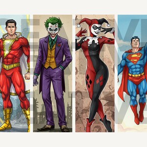 Może przedstawiać: Cztery ilustracje postaci z komiks&oacute;w. Shazam w czerwonym kostiumie ze złotymi detalami. Joker w fioletowym garniturze z zielonymi włosami. Harley Quinn w czerwono-czarnym stroju. Superman w niebieskim kostiumie z czerwoną peleryną.