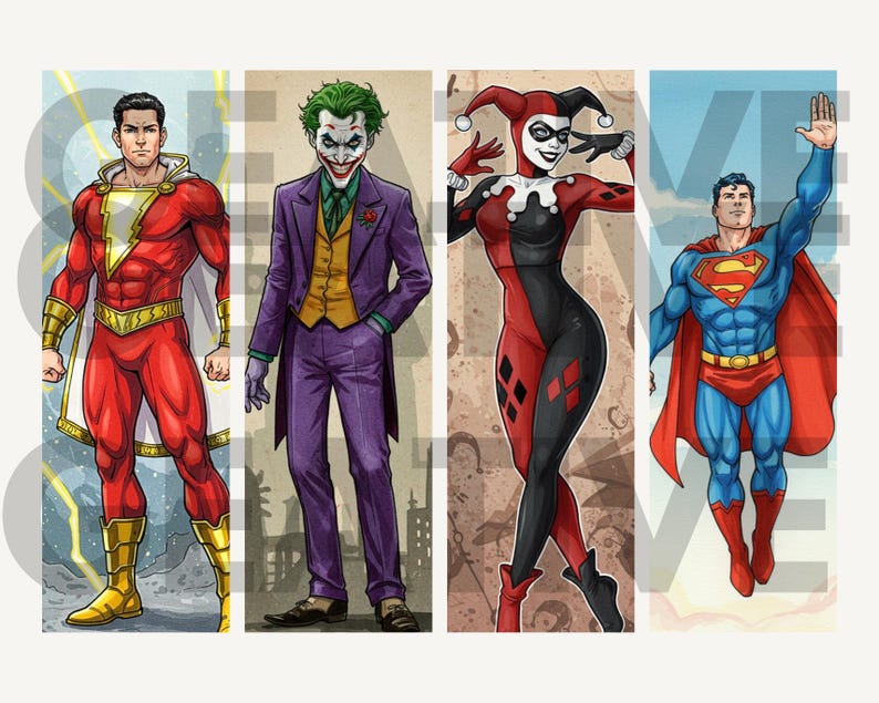 Może przedstawiać: Cztery ilustracje postaci z komiks&oacute;w. Shazam w czerwonym kostiumie ze złotymi detalami. Joker w fioletowym garniturze z zielonymi włosami. Harley Quinn w czerwono-czarnym stroju. Superman w niebieskim kostiumie z czerwoną peleryną.