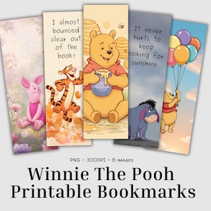 Signets imprimables Winnie l'ourson | Feuilles de signets pour personnages | Sublimation PNG | Cadeau pour amoureux des livres | Balises pour journaux indésirables | Images de scrapbooking
