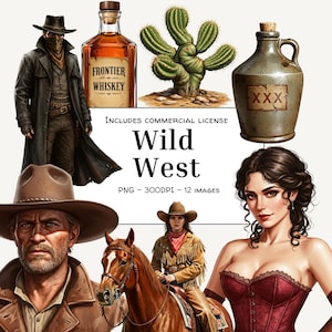 以下が含まれることがあります： ワイルド・ウェストをテーマにしたデジタルイラスト。カウボーイ、コルセットを着た女性、ウイスキーのボトル、サボテン、水差しが含まれています。「Wild West」のテキストは「PNG - 300DPI - 12 IMAGES」で表示されます。