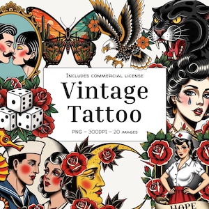 May include: A collection of vintage tattoo designs featuring classic imagery. Includes a kissing couple in a mirror, a butterfly, an eagle, a panther, a woman with a tear, a nurse, a sailor couple, dice, a seahorse, and roses. The text reads "Vintage Tattoo".