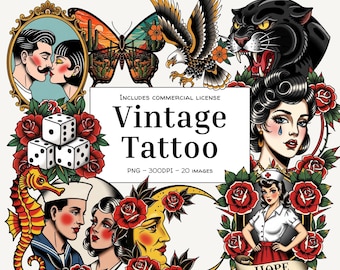 American Traditional Tattoo Clipart PNG | Retro Tattoo Flash Digital Graphics for Crafts & Design