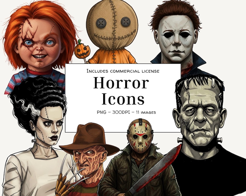 Horror Movie Icons PNG Bundle | Hand Drawn Semi-realistic Digital ...