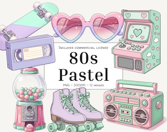 80s Pastel PNG Bundle – Kawaii Clipart, Bows, Roller Skates, Retro Electronics for Digital Downloads, Stickers, Scrapbooking, T-Shirts