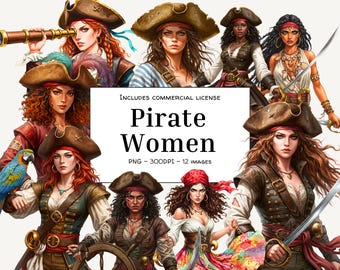 Watercolor Pirate Women Clipart: Renaissance Nautical PNG Bundle (Digital Download)