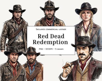 Red Dead Redemption 2 Arthur Morgan & John Marston PNG, Western Cowboy Watercolor Art, Gaming Fan Art, Printable Digital Download