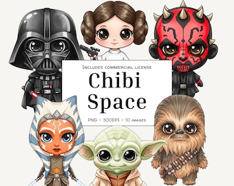Chibi Space Wars Clipart Bundle – Watercolor PNGs Crafts, Digital Download for Stickers, Sublimation