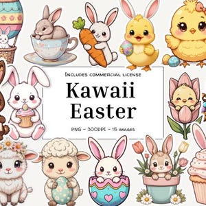 Pacchetto Clipart di Pasqua / PNG carini di coniglietti, uova, agnelli, pulcini / Arte digitale kawaii per adesivi, inviti e lavoretti