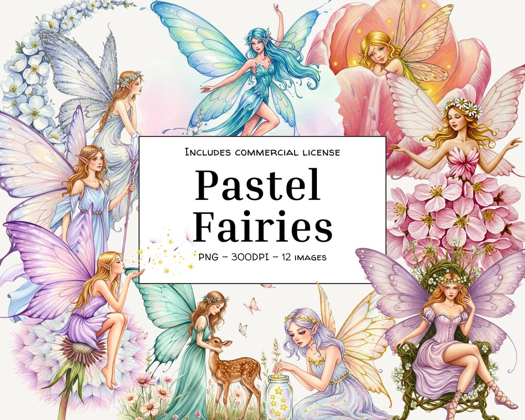 Watercolor Pastel Fairy Clipart Bundle: Whimsical PNG (digital Download ...