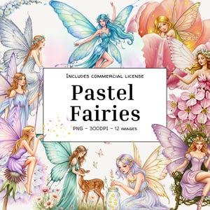 Paquete de imágenes prediseñadas de hadas pastel, hada de acuarela, imágenes prediseñadas de bosque encantado, arte de hadas caprichoso, animales mágicos de compañía, scrapbooking