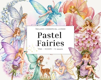May include: A set of 12 digital illustrations of pastel fairies with wings, flowers, and other whimsical elements. Includes a commercial license. PNG - 300DPI - 12 Images.