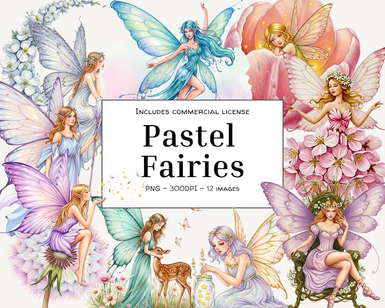 Watercolor Pastel Fairy Clipart Bundle: Whimsical PNG (digital Download ...
