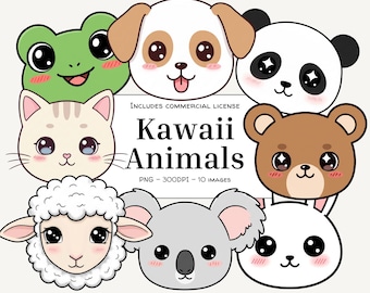 Kawaii Animal Face Clipart Bundle – Cute Animal Head PNGs, Bold Line Art, Cartoon Animal, Digital Download for Scrapbooking & Crafts