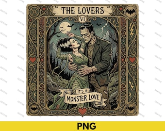 Frankenstein Lovers Tarot Card PNG, Spooky Halloween Digital Download, Retro Horror Graphic, Gothic Movie Monster Sublimation Design