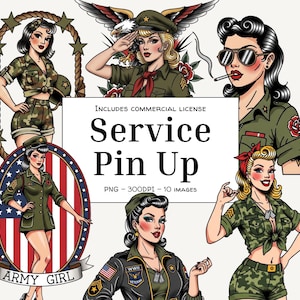 Op de afbeelding: Digitale kunst met vintage-stijl illustraties van militaire pin-up girls. De afbeeldingen tonen vrouwen in verschillende militaire uniformen, met patriottische en retro design elementen. Tekst bevat "Service Pin Up" en "Army Girl".