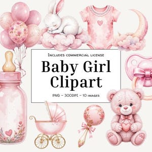 Watercolor Baby Shower Clipart Bundle | Pink Baby Girl PNG |  Baby Animals, Balloons & Bottles | Instant Digital Download