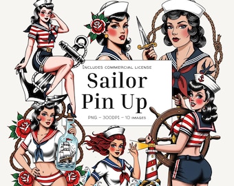 Bundle PNG de tatouage femme marin traditionnel américain, vintage nautique Pin Up Flash, dessins de tatouage Old School, Clipart pour les impressions d'autocollants