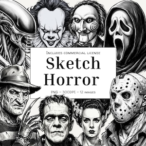 Könnte beinhalten: Schwarz-Weiß-Skizzen von berühmten Horrorfilmfiguren wie Pennywise, Freddy Krueger und Jason Voorhees. Das Bild enthält den Text "Sketch Horror" und "Includes Commercial License".