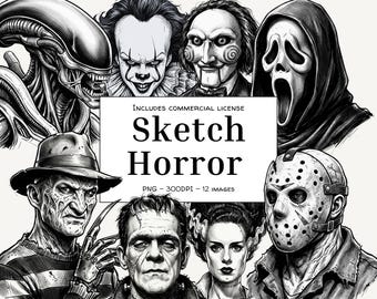 Horror Movie Icons PNG Bundle | Sketch Black and white Semi-Realistic Digital Clipart | Halloween Art | Transparent Background