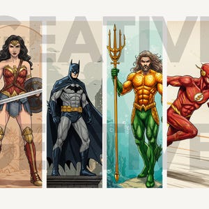 Może przedstawiać: Cztery ilustracje superbohater&oacute;w: Wonder Woman w kolorze czerwonym i złotym, Batman w kolorze szarym i czarnym, Aquaman z tr&oacute;jzębem i The Flash w kolorze czerwonym. Słowo "CREATIVE" jest częściowo widoczne w tle.
