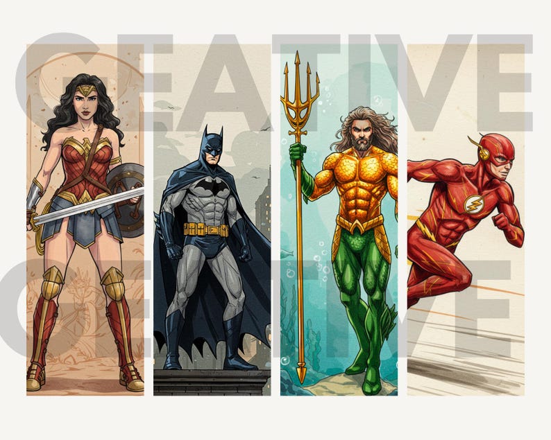 Może przedstawiać: Cztery ilustracje superbohater&oacute;w: Wonder Woman w kolorze czerwonym i złotym, Batman w kolorze szarym i czarnym, Aquaman z tr&oacute;jzębem i The Flash w kolorze czerwonym. Słowo "CREATIVE" jest częściowo widoczne w tle.