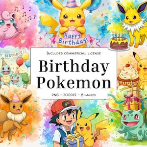 Niedliche Kreatur Geburtstag Aquarell Clipart Bundle - 8 digitale PNGs | Kawaii Monster Kunst für Einladungen, Party Dekor & DIY Handwerk