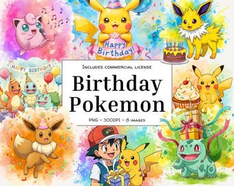 Bundle de cliparts aquarelle d'anniversaire de créature mignonne – 8 fichiers PNG numériques | Objets d'art monstrueux kawaii pour faire-part, décoration de fête et travaux manuels