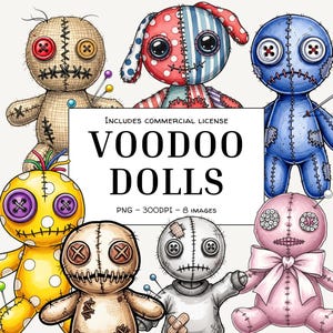 May include: A collection of eight colorful voodoo dolls with button eyes, stitched features, and pins. The dolls are in various colors, including tan, red, blue, yellow, pink, and white. The image includes the text "VOODOO DOLLS".