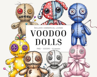Voodoo Doll Clipart - Spooky Cute Voodoo Dolls - Digital PNG for Stickers, Sublimation, & Scrapbooking - Cartoon Horror Art