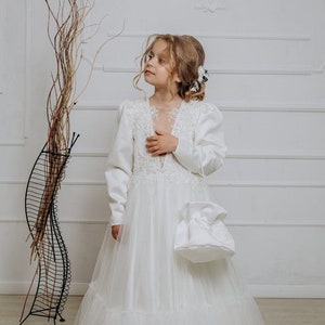 Bags for First communion girl dress, Baptism satin girl dress, Lace flower dress, Girl ball gown, Bridesmaid flower girl dress image 4