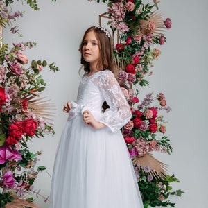 White Lace First Communion Baptism Dress Flower Girl Dress