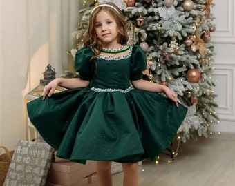 Xmas Green Girl Dress, Christmas Photoshoot Toddler Gown, Tutu Girl Dress puffy sleeves, Kids Christmas outfit, special occasion satin dress