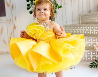 Yellow First Birthday Dress, Baby Girl frock Special Occasion, 1st Birthday Dress photo shooting, baby tutu, dress toddler