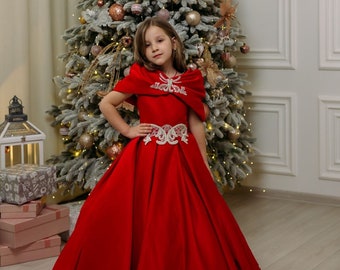 Christmas Red Girl Dress, Christmas Photoshoot Toddler Gown, Lace Girl Dress puffy sleeves, Christmas dress, special occasion satin dress