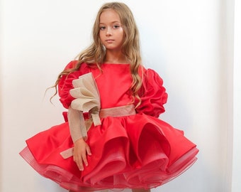 Xmas Red Girl Dress, Christmas Photoshoot Toddler Gown, Tutu Girl Dress puffy sleeves, Christmas dress, special occasion satin dress