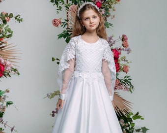 First communion & Baptism dress, satin flower girl dress, wedding guest dress, Bridesmaids dress, holy communion gown, mini bride dress