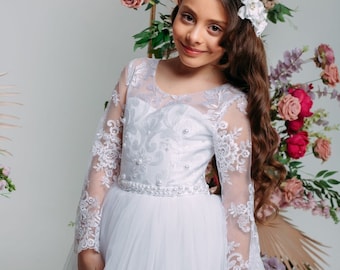 White lace First communion & Baptism dress, flower girl dress, wedding guest dress, Bridesmaids dress, holy communion gown, mini bride dress