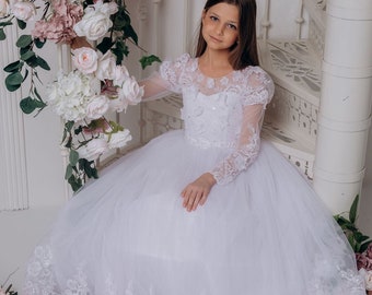 Long Sleeve White Lace Flower Girl Dress, Tulle Communion Gown
