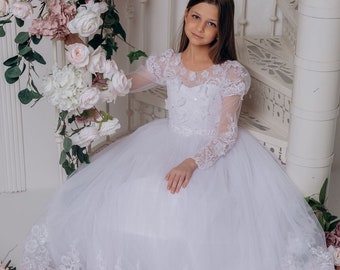 Robe blanche de fille de première communion, robe de fille de tulle de baptême, robe de fille de fleur de dentelle de manches longues, robe formelle de demoiselle d'honneur junior de mariage