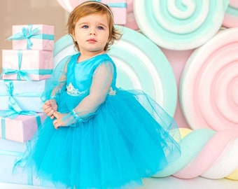 Blue First Birthday Dress, Baby Girl Party Dress Special Occasion, 1st Birthday Dress photo shooting, baby cake smash tutu, toddler dress