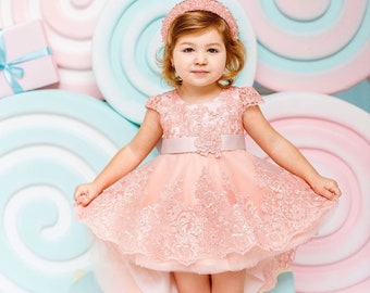 Blush pink baby dress, blue flower girl lace dress, pink baby tutu frock, first birthday dress, toddler fancy dress, princess gown