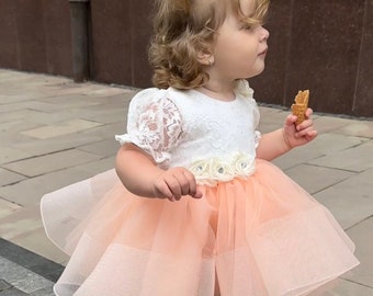 Peach lace baby dress, flower girl lace dress, baby tutu frock, first birthday dress, toddler fancy dress, princess gown