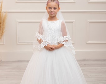 White Lace Flower Girl Dress: Satin Bodice, Tulle Skirt, Veil Included