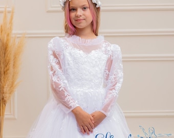 Vestido de primera comunión de encaje blanco: vestido de niña de las flores de tul con mangas largas