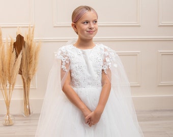 White Lace Communion Dress with Cape: Tulle Flower Girl Gown