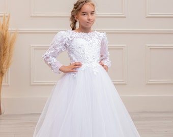 White Lace First Communion dress long puffy sleeve, Flower Girl Dress, wedding guest tulle dress, Baptism gown, Junior Bridesmaid dress