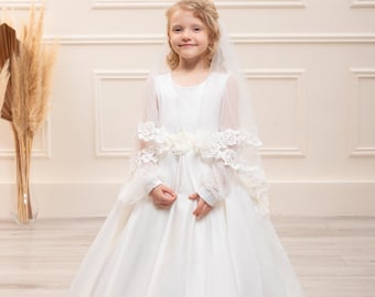 White Lace First Communion Dress with Veil: Satin Flower Girl Gown
