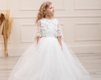 First Communion Dress with Detachable Lace Cape, White Flower Girl Gown, Full Tulle Princess Dress, Baptism Outfit, Wedding Ceremony Dress
