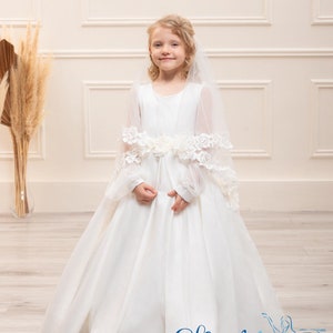 White Lace First Communion Dress with Veil: Satin Flower Girl Gown